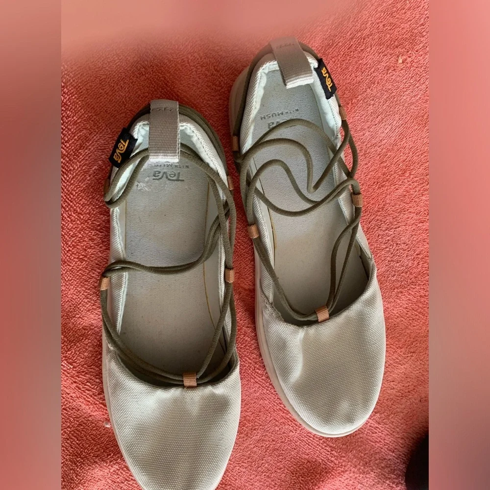 Teva Women's Cream Canvas Ballet Flat with Olive Wrap Laces